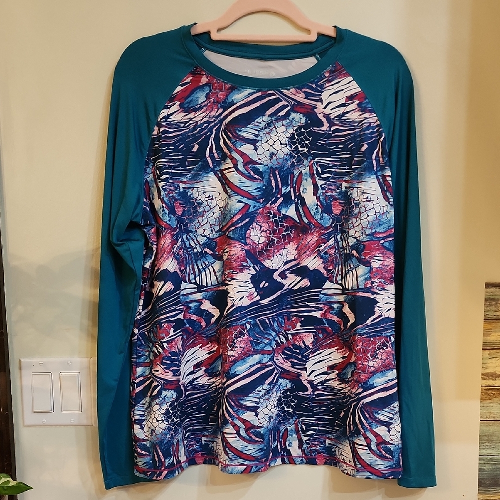 Reel Legends Teal Raglan Long Sleeve Fishing Top with Multicolor Abstract Front